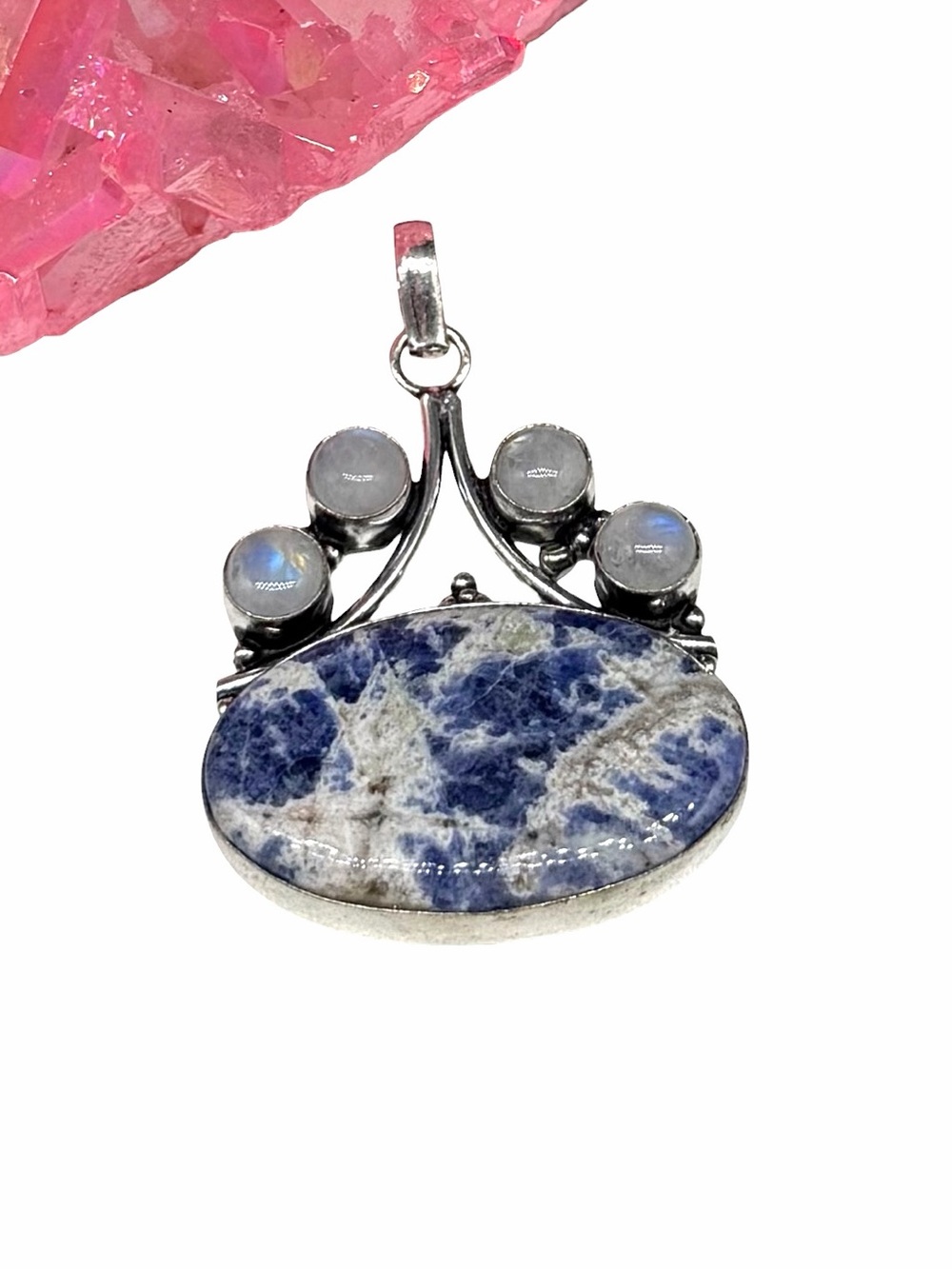 Sodalite Rainbow Moonstone Necklace Pendant 925 Sterling Silver Overlay
